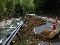 Storm damage from Hurricane Helene is seen in Asheville, North Carolina on October 1, 2024. (