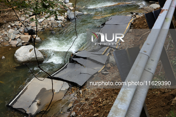 Storm damage from Hurricane Helene is seen in Asheville, North Carolina on October 1, 2024. 