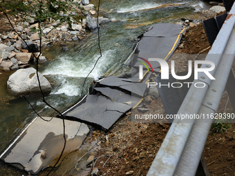 Storm damage from Hurricane Helene is seen in Asheville, North Carolina on October 1, 2024. (