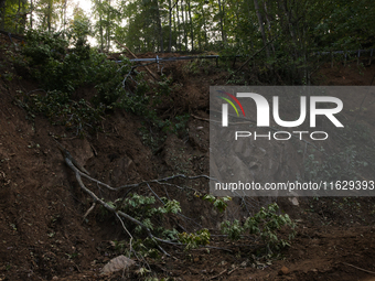 Storm damage from Hurricane Helene is seen in Asheville, North Carolina on October 1, 2024. (