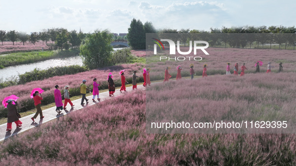 Tourists visit the sea of flowers in Lianyungang, China, on October 2, 2024. 