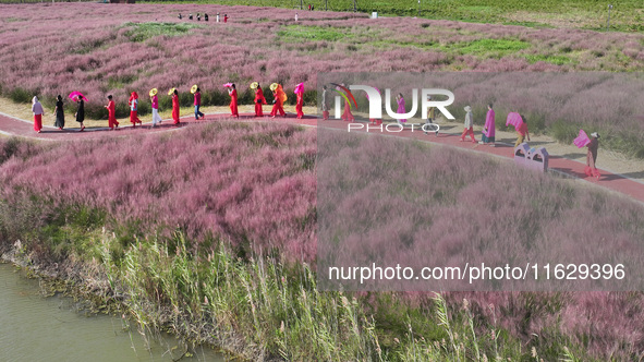 Tourists visit the sea of flowers in Lianyungang, China, on October 2, 2024. 