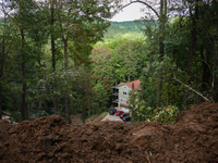 Storm damage from Hurricane Helene is seen in Asheville, North Carolina on October 1, 2024. (