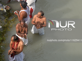 Hindu devotees perform the 'Tarpan' ritual to pay obeisance to their forefathers on the last day of 'Pitru Paksha' on the banks of the Mahan...