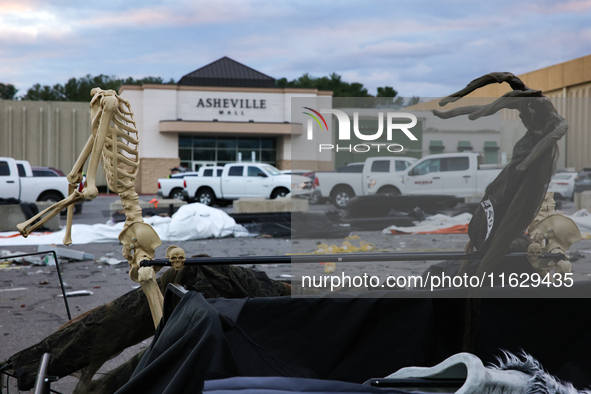 Damaged Halloween products sit in the parking lot of the Asheville Mall in Asheville, North Carolina on October 1, 2024 after Hurricane Hele...