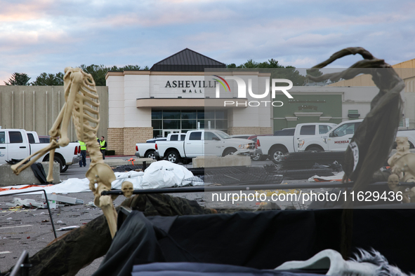 Damaged Halloween products sit in the parking lot of the Asheville Mall in Asheville, North Carolina on October 1, 2024 after Hurricane Hele...