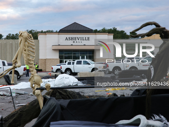 Damaged Halloween products sit in the parking lot of the Asheville Mall in Asheville, North Carolina on October 1, 2024 after Hurricane Hele...