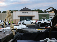 Damaged Halloween products sit in the parking lot of the Asheville Mall in Asheville, North Carolina on October 1, 2024 after Hurricane Hele...