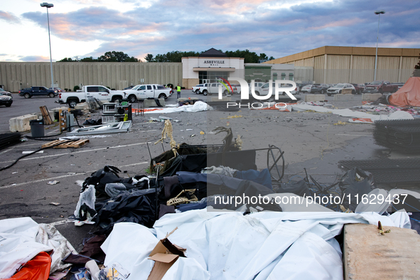 Damaged Halloween products sit in the parking lot of the Asheville Mall in Asheville, North Carolina on October 1, 2024 after Hurricane Hele...