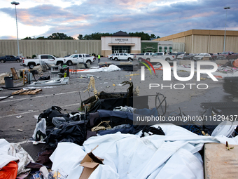 Damaged Halloween products sit in the parking lot of the Asheville Mall in Asheville, North Carolina on October 1, 2024 after Hurricane Hele...