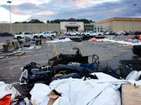 Damaged Halloween products sit in the parking lot of the Asheville Mall in Asheville, North Carolina on October 1, 2024 after Hurricane Hele...