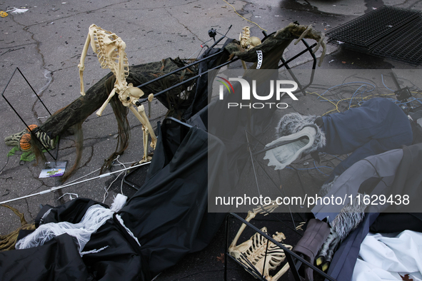 Damaged Halloween products sit in the parking lot of the Asheville Mall in Asheville, North Carolina on October 1, 2024 after Hurricane Hele...