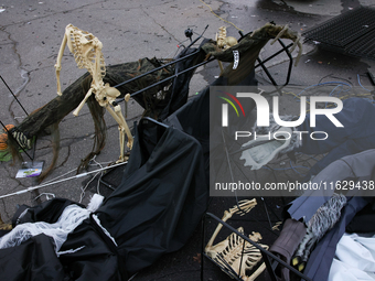 Damaged Halloween products sit in the parking lot of the Asheville Mall in Asheville, North Carolina on October 1, 2024 after Hurricane Hele...