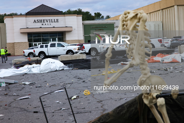 Damaged Halloween products sit in the parking lot of the Asheville Mall in Asheville, North Carolina on October 1, 2024 after Hurricane Hele...