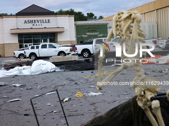 Damaged Halloween products sit in the parking lot of the Asheville Mall in Asheville, North Carolina on October 1, 2024 after Hurricane Hele...