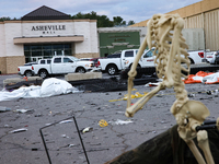 Damaged Halloween products sit in the parking lot of the Asheville Mall in Asheville, North Carolina on October 1, 2024 after Hurricane Hele...