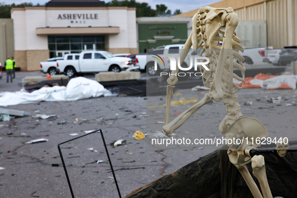 Damaged Halloween products sit in the parking lot of the Asheville Mall in Asheville, North Carolina on October 1, 2024 after Hurricane Hele...