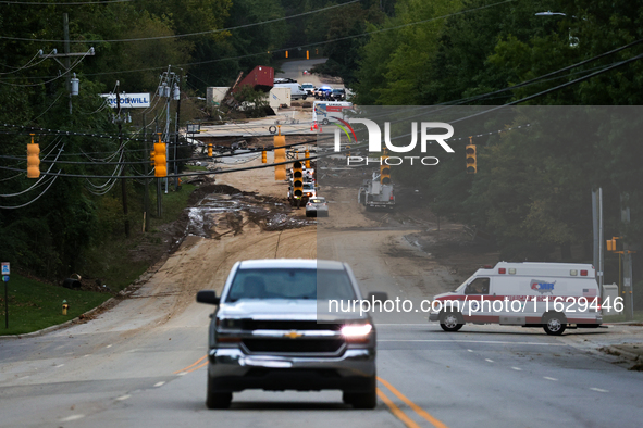 Storm damage from Hurricane Helene is seen in Asheville, North Carolina on October 1, 2024. 