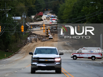 Storm damage from Hurricane Helene is seen in Asheville, North Carolina on October 1, 2024. (