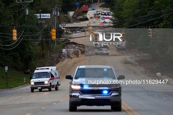 Storm damage from Hurricane Helene is seen in Asheville, North Carolina on October 1, 2024. 