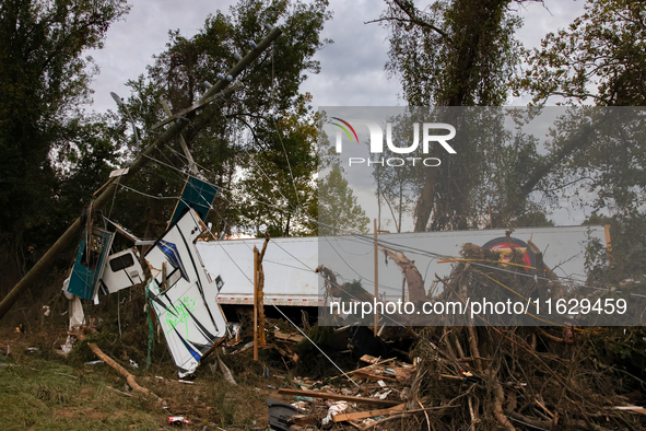 Storm damage from Hurricane Helene is seen in Asheville, North Carolina on October 1, 2024. 