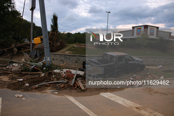 Storm damage from Hurricane Helene is seen in Asheville, North Carolina on October 1, 2024. 