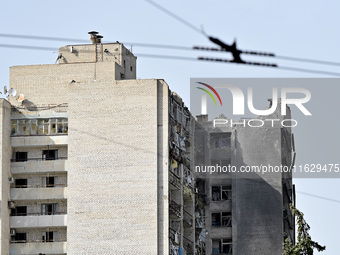 A residential high-rise damaged by Russian shelling in Zaporizhzhia, Ukraine, on October 1, 2024. NO USE RUSSIA. NO USE BELARUS. (