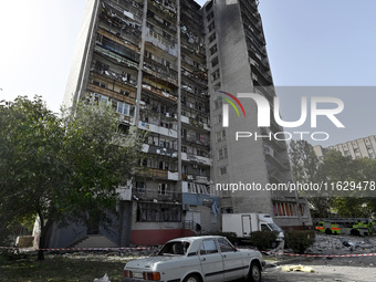 A residential high-rise damaged by Russian shelling in Zaporizhzhia, Ukraine, on October 1, 2024. NO USE RUSSIA. NO USE BELARUS. (