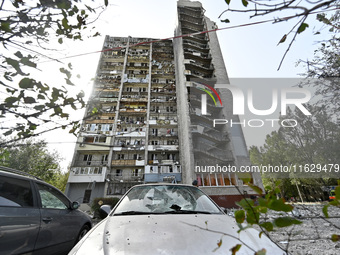 A residential high-rise damaged by Russian shelling in Zaporizhzhia, Ukraine, on October 1, 2024. NO USE RUSSIA. NO USE BELARUS. (