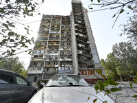 A residential high-rise damaged by Russian shelling in Zaporizhzhia, Ukraine, on October 1, 2024. NO USE RUSSIA. NO USE BELARUS. (