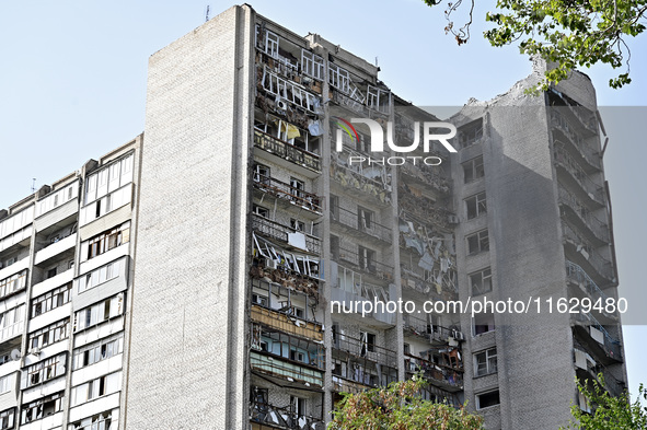 A residential high-rise damaged by Russian shelling in Zaporizhzhia, Ukraine, on October 1, 2024. NO USE RUSSIA. NO USE BELARUS. 