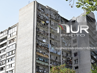 A residential high-rise damaged by Russian shelling in Zaporizhzhia, Ukraine, on October 1, 2024. NO USE RUSSIA. NO USE BELARUS. (