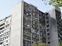 A residential high-rise damaged by Russian shelling in Zaporizhzhia, Ukraine, on October 1, 2024. NO USE RUSSIA. NO USE BELARUS. (