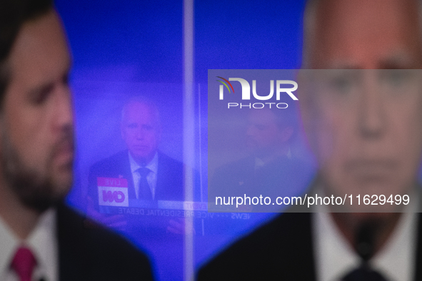 One television reflects another during a watch party at Madhatter for the Vice presidential debate between Demcocrat Gov. Tim Walz (D-MN) an...