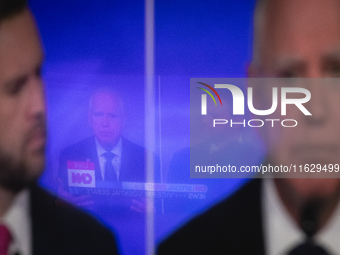 One television reflects another during a watch party at Madhatter for the Vice presidential debate between Demcocrat Gov. Tim Walz (D-MN) an...