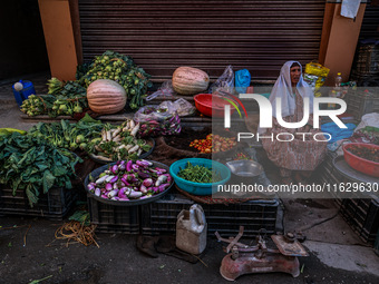 An elderly woman sells vegetables and waits for customers on a roadside in Baramulla, Jammu and Kashmir, India, on October 2, 2024. (