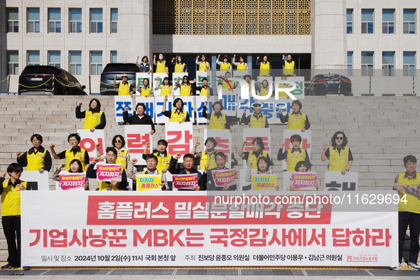 A press conference takes place in front of the National Assembly in Yeouido, Seoul, South Korea, on October 2, 2024, calling for the halt of...