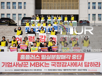 A press conference takes place in front of the National Assembly in Yeouido, Seoul, South Korea, on October 2, 2024, calling for the halt of...