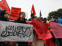 Students of the Faculty of Business Studies of Dhaka University (DU) stage a demonstration and rally against the insult of the Prophet Muham...