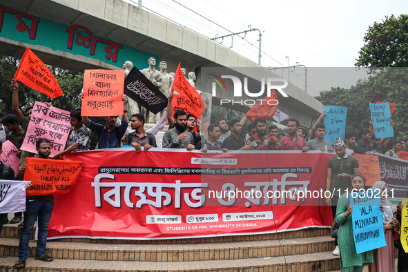 Students of the Faculty of Business Studies of Dhaka University (DU) stage a demonstration and rally against the insult of the Prophet Muham...