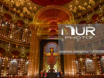 A Durga idol is seen at a decorated pandal commemorating womanhood in Kolkata, India, on October 2, 2024. (