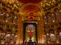 A Durga idol is seen at a decorated pandal commemorating womanhood in Kolkata, India, on October 2, 2024. (