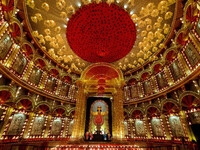 A Durga idol is seen at a decorated pandal commemorating womanhood in Kolkata, India, on October 2, 2024. (