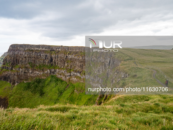 A view of one of the cliffs along the Causeway Coast Area in County Antrim, Northern Ireland, on July 2024. 