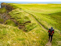 A person walks along the cliffs of the Causeway Coast Area in County Antrim, Northern Ireland, on July 2024. (