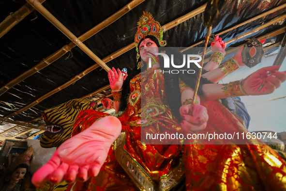 An idol of the Hindu goddess Nawa Durga is pictured at a studio in Lalitpur, Nepal, on October 2, 2024, ahead of the festival of Nawaratri....