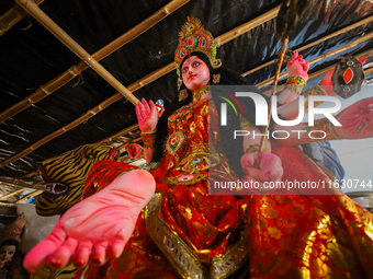 An idol of the Hindu goddess Nawa Durga is pictured at a studio in Lalitpur, Nepal, on October 2, 2024, ahead of the festival of Nawaratri....