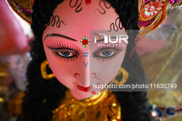 An idol of the Hindu goddess Nawa Durga is pictured at a studio in Lalitpur, Nepal, on October 2, 2024, ahead of the festival of Nawaratri....