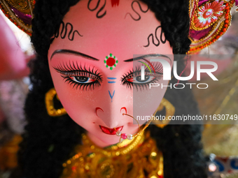 An idol of the Hindu goddess Nawa Durga is pictured at a studio in Lalitpur, Nepal, on October 2, 2024, ahead of the festival of Nawaratri....