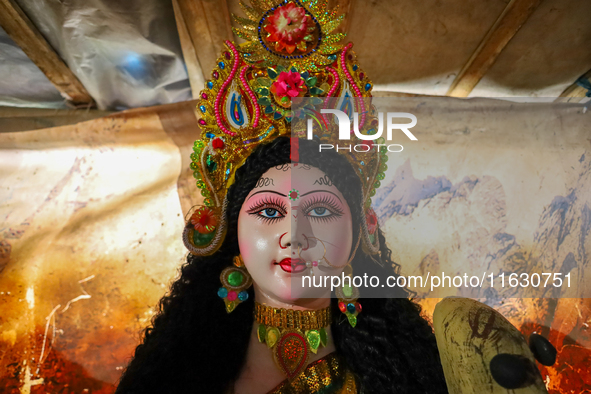 An idol of the Hindu goddess Nawa Durga is pictured at a studio in Lalitpur, Nepal, on October 2, 2024, ahead of the festival of Nawaratri....